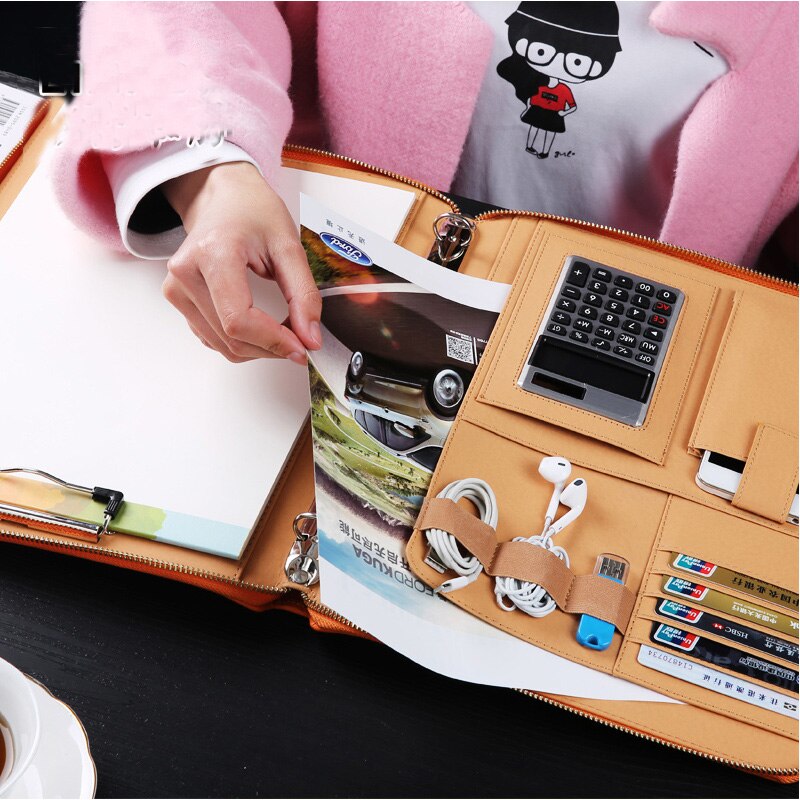 high-level business office leather A4 document zipper bag zipped folder briefcase for documents padfolio with ring binder 1217A