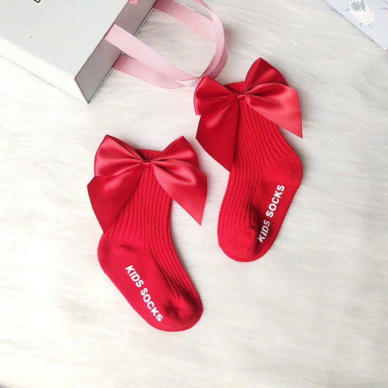 Leuke Big Bows Baby Sokken Effen Kleur Antislip Kids Meisjes Sokken Zachte Katoenen Gebreide Baby Peuter Sokken 0-12 Maanden: red / 6-12M