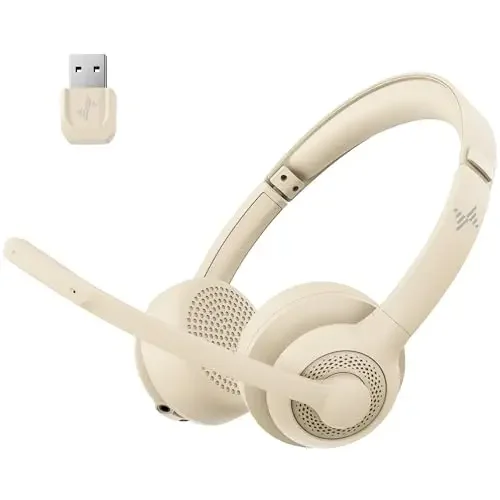 JIAMQISHI Wireless Headset with Mic for Work Bluetooth V5.2 Headphones with AI Noise Cancelling Mic USB Dongle for Laptop,PC: Beige