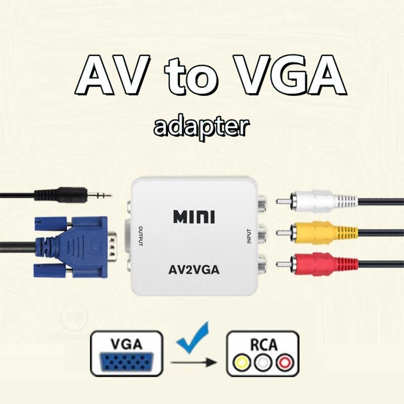 Convertidor Mini RCA a VGA, convertidor AV2VGA VGA2AV con Audio de 3,5mm, convertidor de vídeo VGA para PC a TV, ordenador a TV