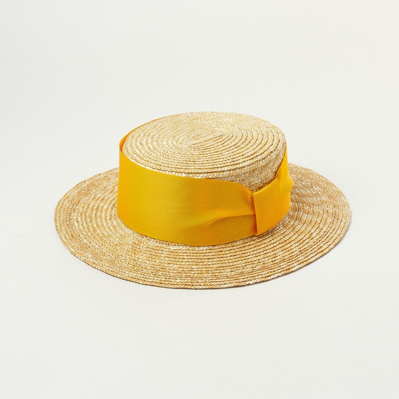 100% Wheat Straw Timeless Grosgrain Ribbon Decorated Canotier Boater Flat Top Sun Hat: Yellow bow