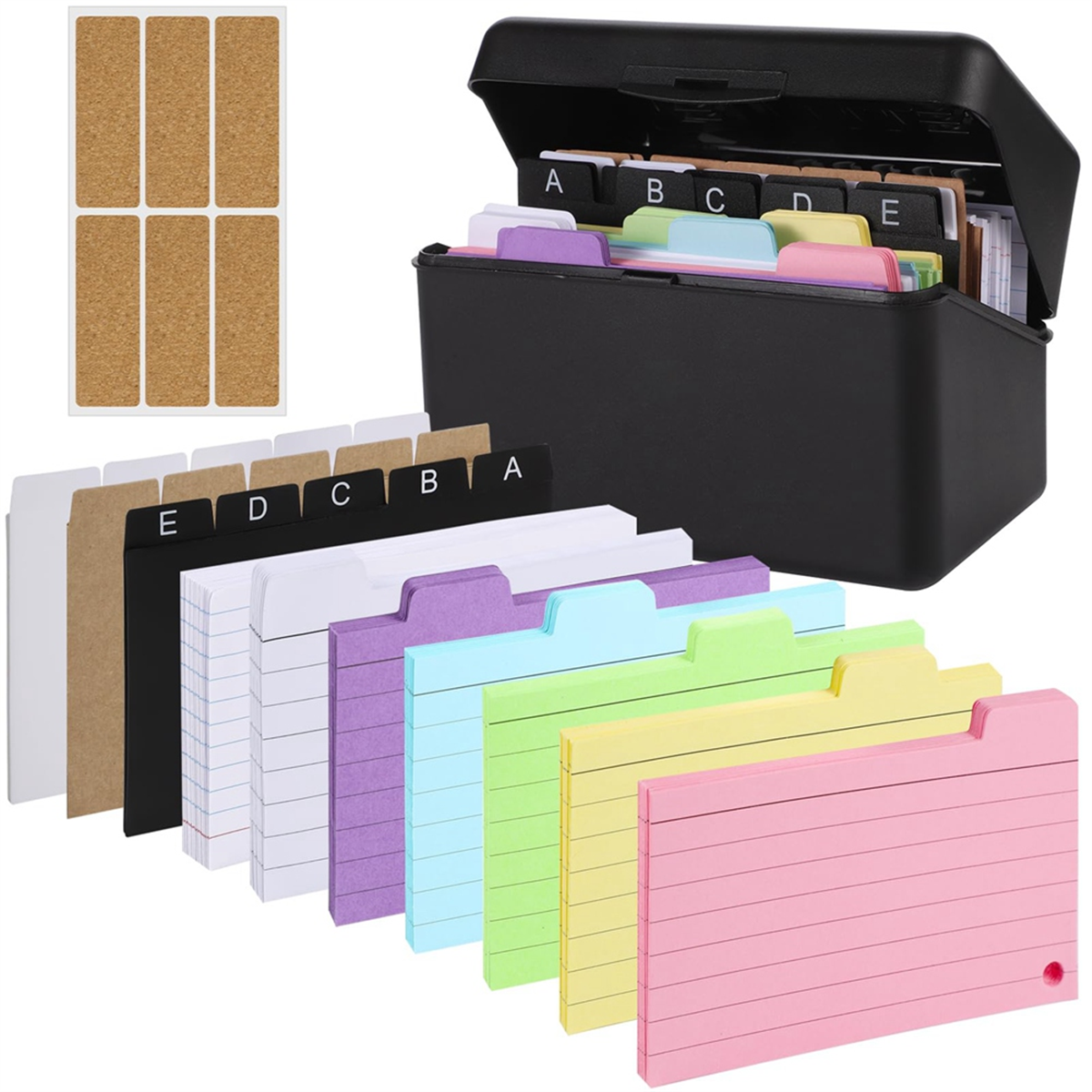 Ensemble de porte-cartes index, boîte d'index avec 230 cartes flash assorties, doublée de comparateur de couleurs, 6 anneaux et autocollants, parfait pour l'école