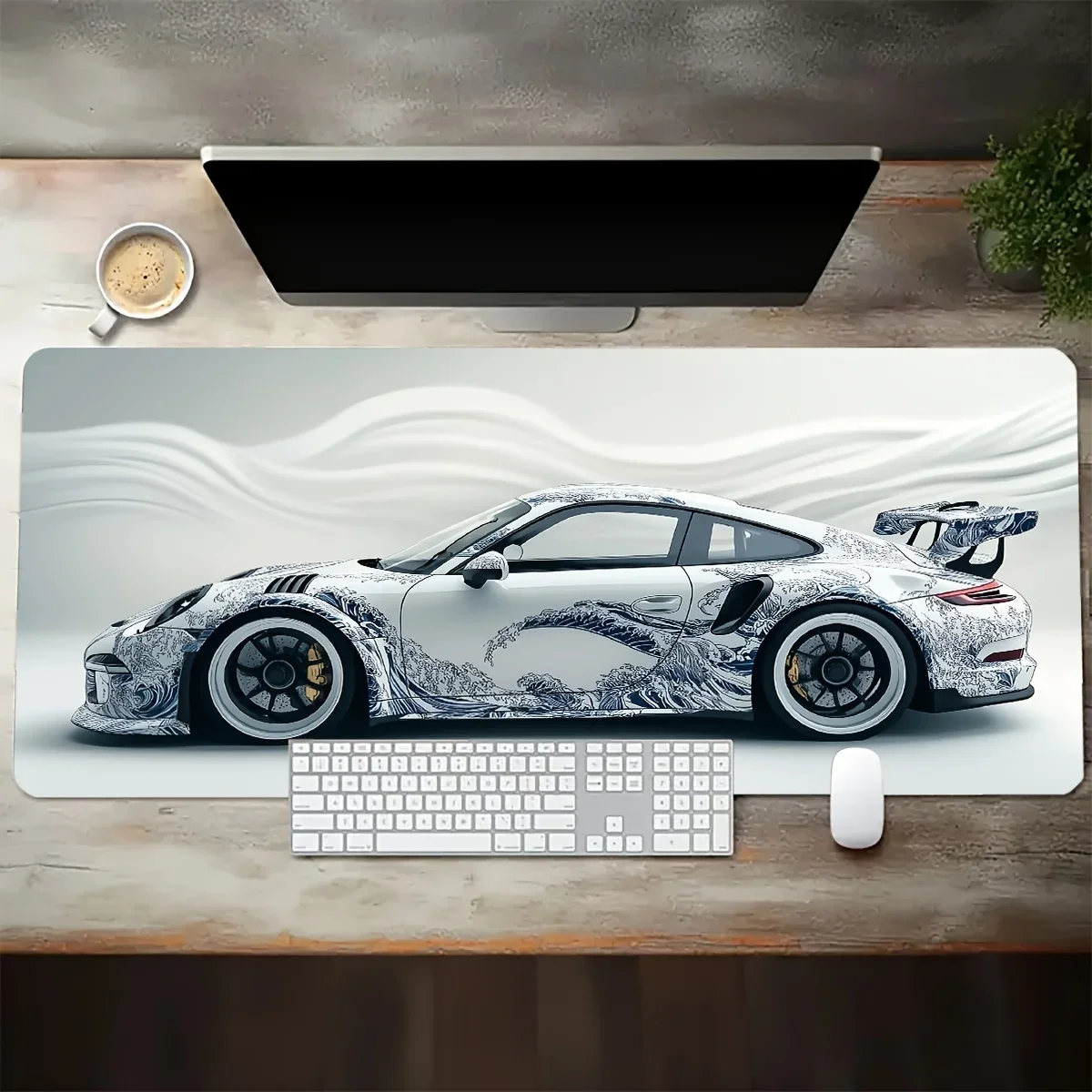 Großes weißes Mauspad im Sportwagen, rutschfeste Gummibasis, erweiterte Schreibtischunterlage für Gamer, Büro, Computerzubehör
