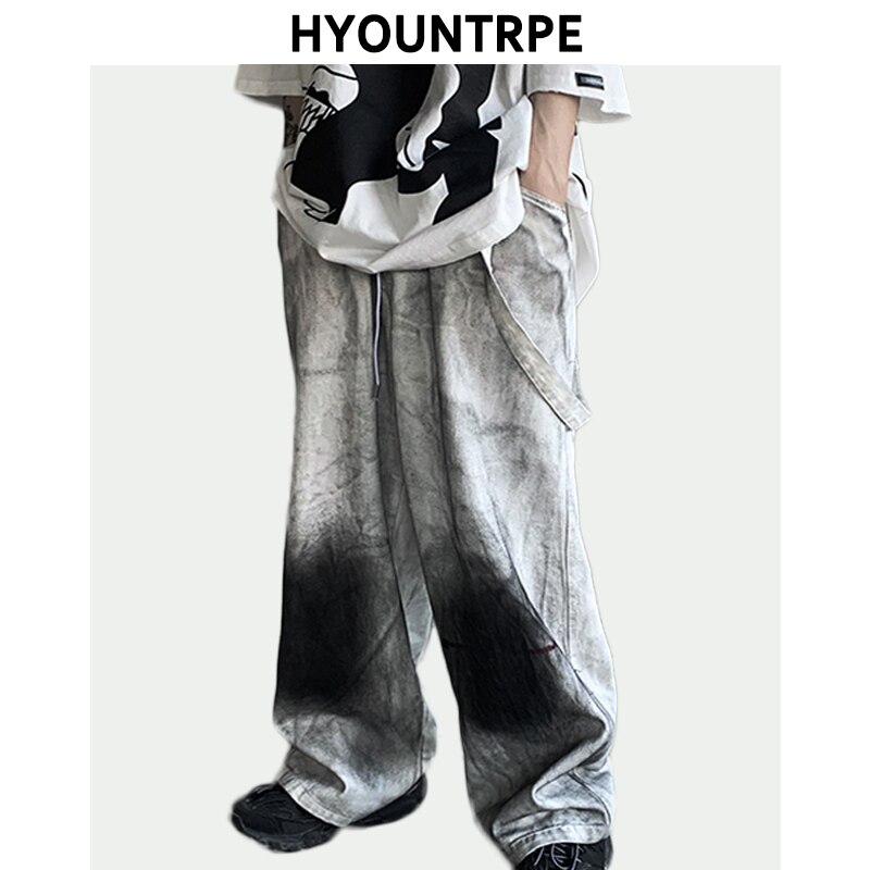 Mænd vintage graffiti printet denim bukser elastisk talje løse lige jeans bukser hip hop streetwear casual joggers jean bukser