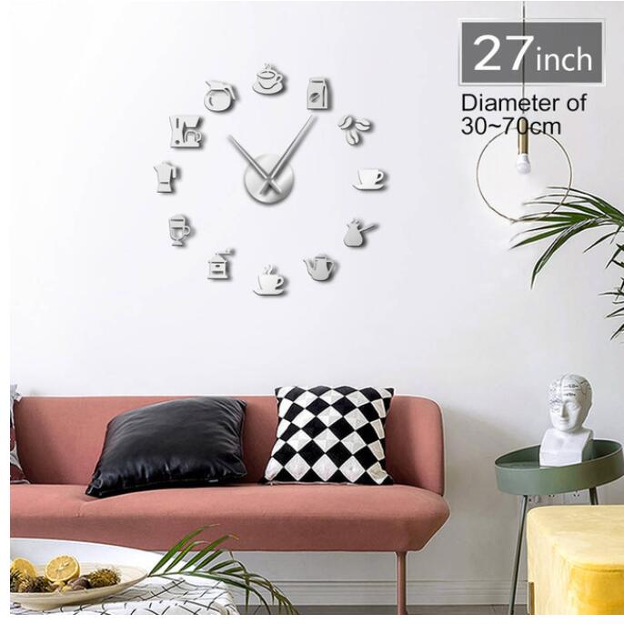 Coffee Signs Modern Kitchen Clock 3D DIY Size Adjustable Wall Clock Watch Quartz Acrylic Mirror Sticker Coffee Bean Clock: Silver / 27inch