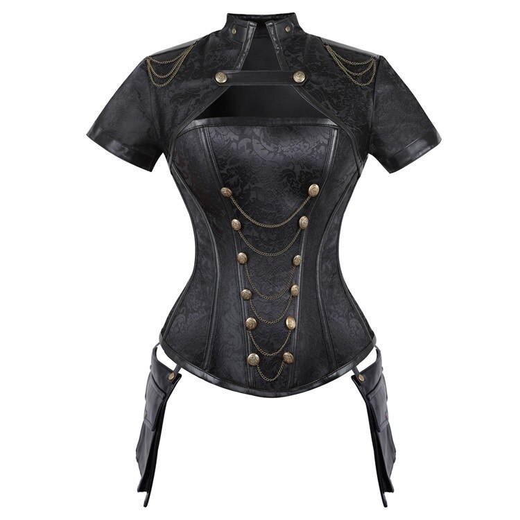 Corpiño gótico de tela de encaje de algodón para mujer, corsé de cadena de hierro y hueso de acero con chal, Top con cordones en la espalda, 4 piezas, 11 piezas: Negro / XXL