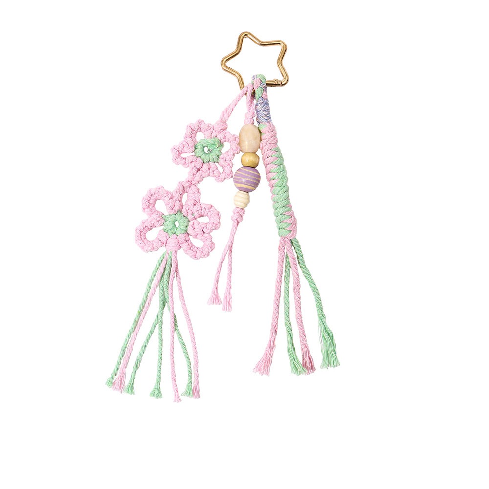 Chaveiro Artesanal de Moda, Estilo Campestre, Trançado com Borla e Flor, Pingente para Bolsa de Presente e Chaves de Carro: verde