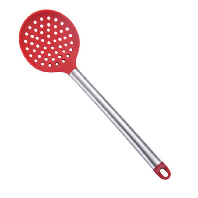 Stainless Steel+Silicone Cooking Utensil Kitchen Tools Turner Soup Spoon Strainer Pasta Server Egg Beater Spatula Food Tongs Red: Strainer Red