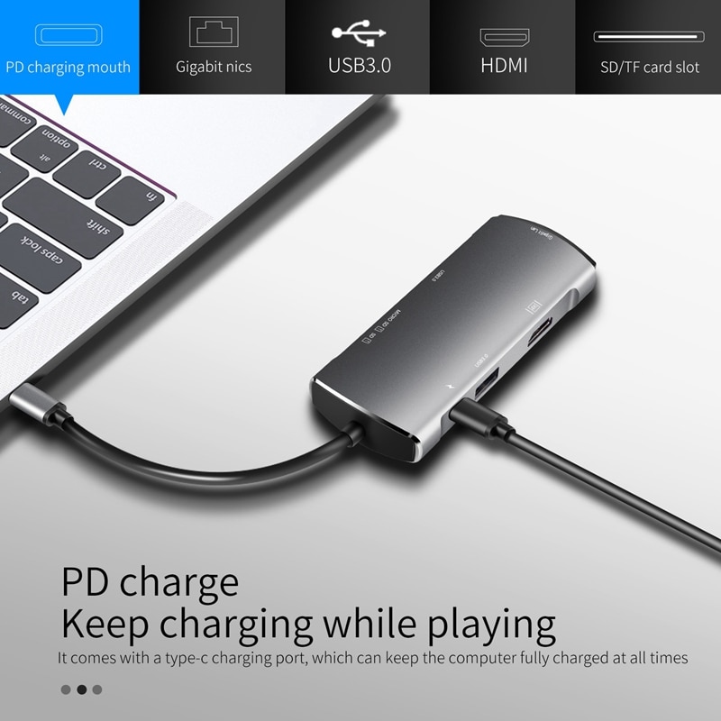 7 in 1 Usb 3.0 Type-C Hub To Ethernet +4K Video Hdmi Pd Rj45 +Charging Port Adapter +Sd/Micro-SD Slot for Macbook Iphone Huawei
