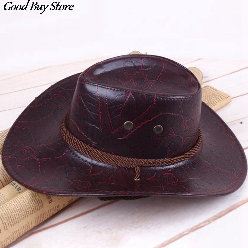 Leather Western Cowboy Hat Gentleman Wide Brim Retro Sun Hats Summer Beach Breathable Travel Chapeu Sombrero Jazz knight Caps