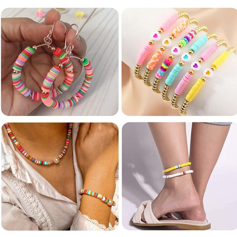 Clay Beads Colorful Round Polymer Clay Spacer Beads with Pendant Charms Kit and Elastic Strings for DIY Making Jewelry