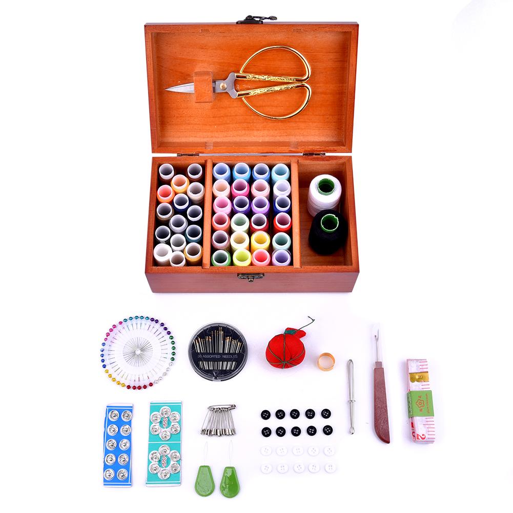 Sömkit låda korg, trä hand hem sy reparation verktygssats, nybörjare universal sy kit tillbehör för kvinnor, män, vuxna, barn: Default Title