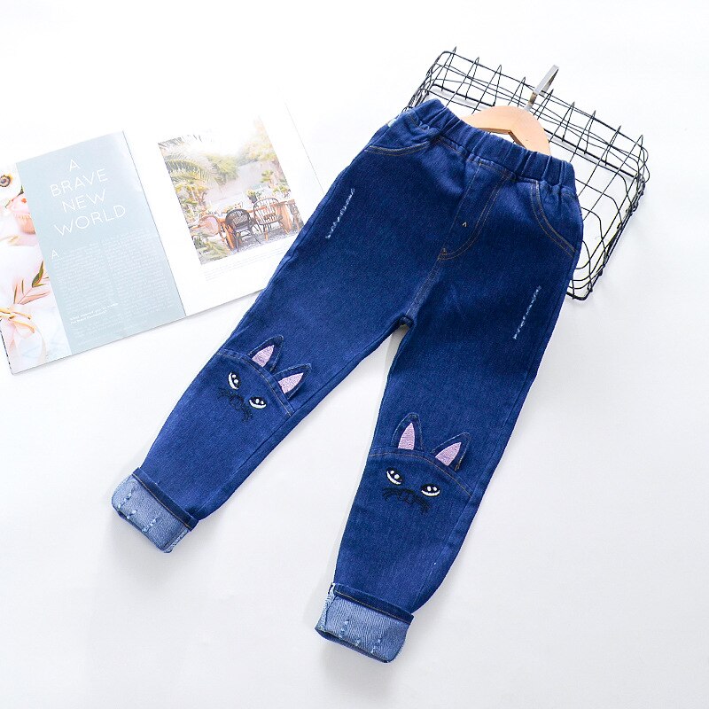 Filles jean dessin animé chat broderie pantalon automne bébé fille vêtements Denim pantalon pour enfants adolescent vêtements