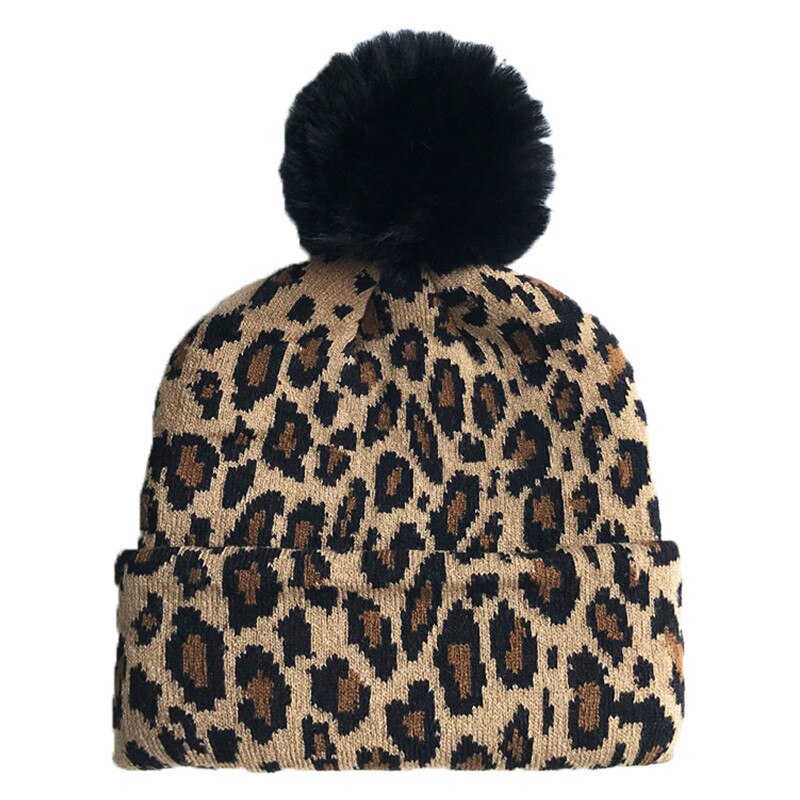 Chapeaux imprimés léopard pour femmes, casquette d'hiver en fourrure tricotée, accessoires de photographie chauds pour filles, chapeau tricoté mignon avec pompon, casquette de Ski chaude: A