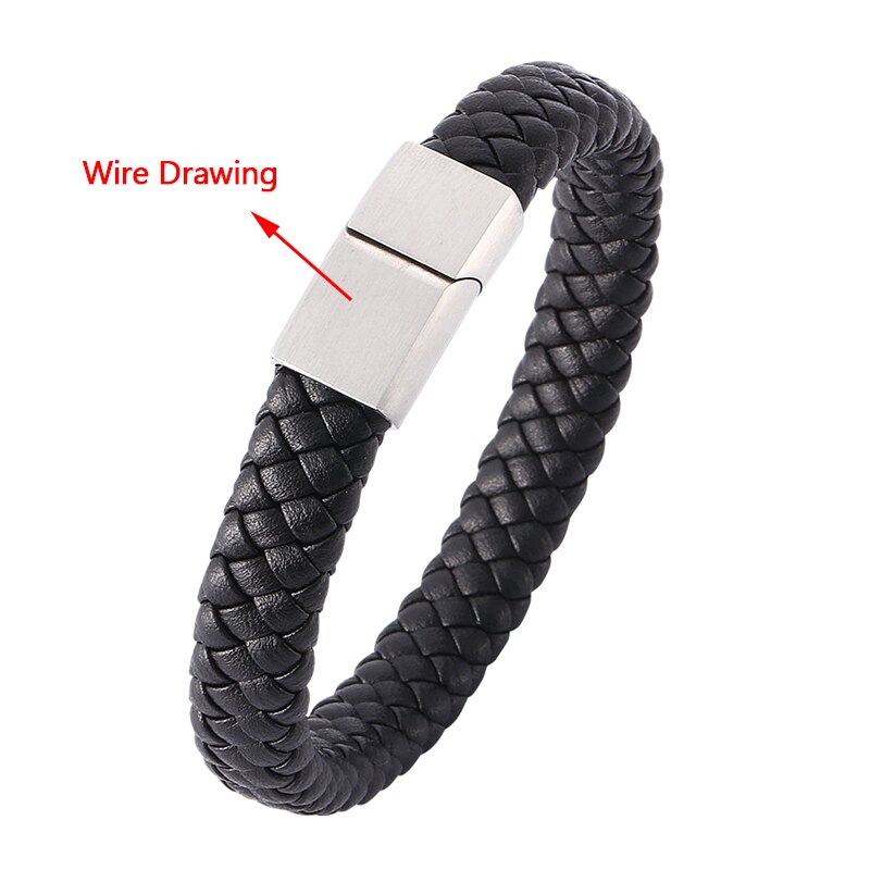 Biżuteria punkowa czarne brązowe plecione skórzane bransoletki męskie ręcznie robiona bransoletka ze stali nierdzewnej zapięcie magnetyczne skórzana bransoletka prezent P740: czarny 740B / Inner Perimeter205mm