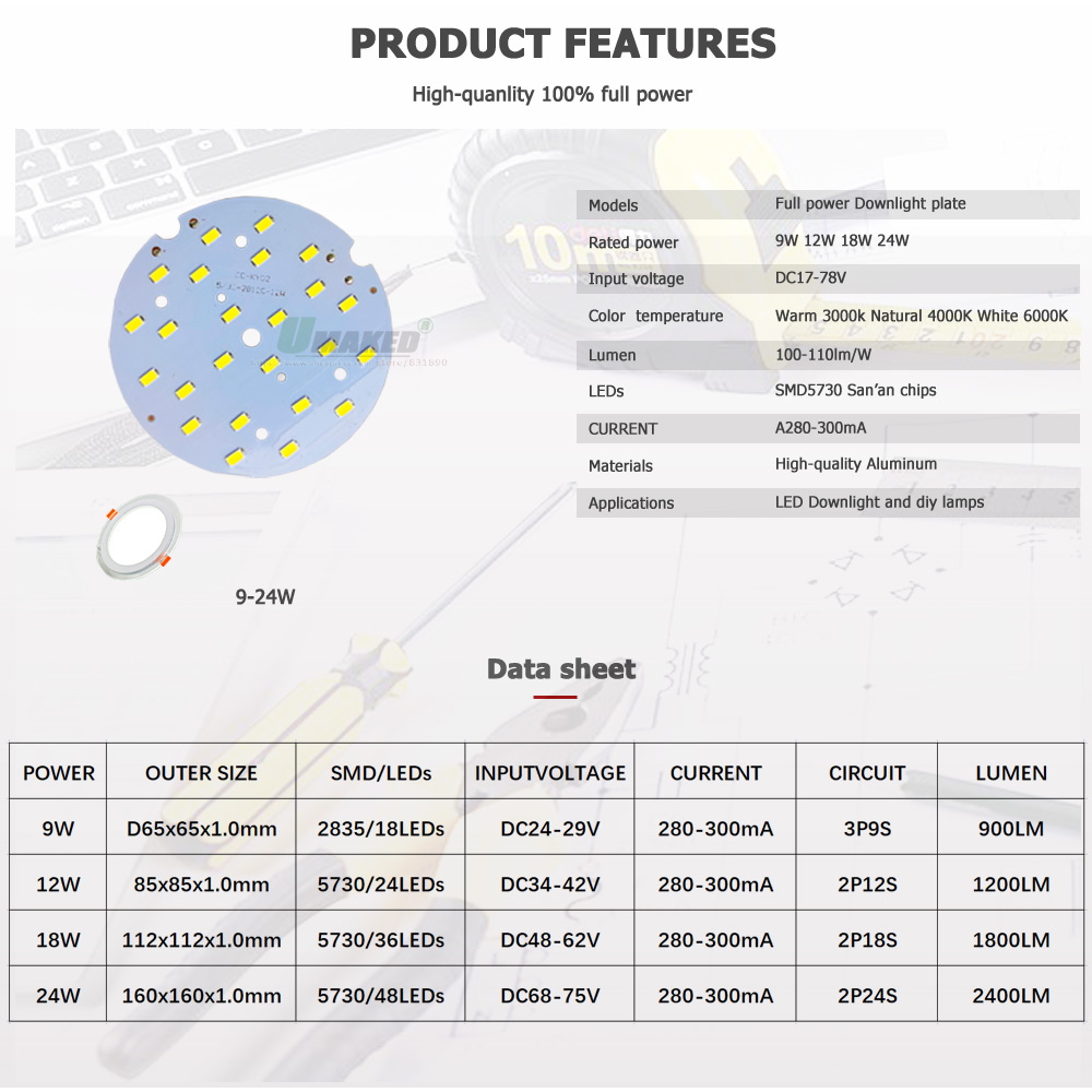 Placa PCB de luz LED descendente, Panel de fuente de iluminación de forma redonda, 300MA, SMD5730 para lámpara deportiva de alta potencia, reemplazo DIY, 9W, 12W, 18W, 24W, 2 piezas