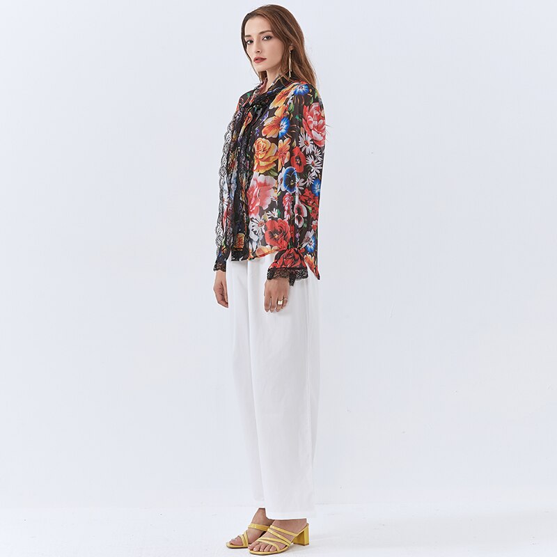 Twotwinstyle hit farvetrykt skjorte til kvinder sløjfekrave flare ærmer patchwork blonde afslappet bluse kvindeligt efterår