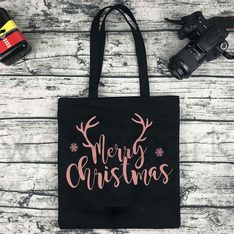 Shopper – sac à main Kawaii imprimé joyeux noël pour femmes, sac de Shopping en toile, fourre-tout pour filles, sac à bandoulière: Black
