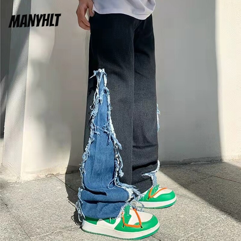 Pantalones acampanados informales y rectos para hombre, ropa de calle holgada, Vaqueros Retro lavados de pareja, Jeans de retazos en el tobillo con borlas rasgadas, Primavera