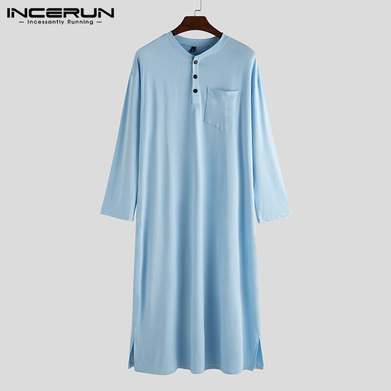 Incerun menn robes langermet pyjamas ensfarget fritid komfortabelt hjemmetøy o hals badekåper herre kaftan nattøy robes: Blå / Xl