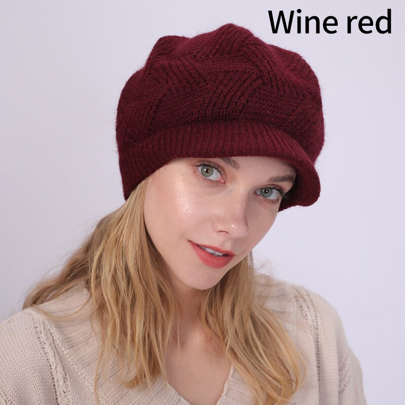Gorro de punto para mujer, boina de lana de conejo cálida de terciopelo, informal, de , Color sólido, 10 colores, Otoño e Invierno: 5