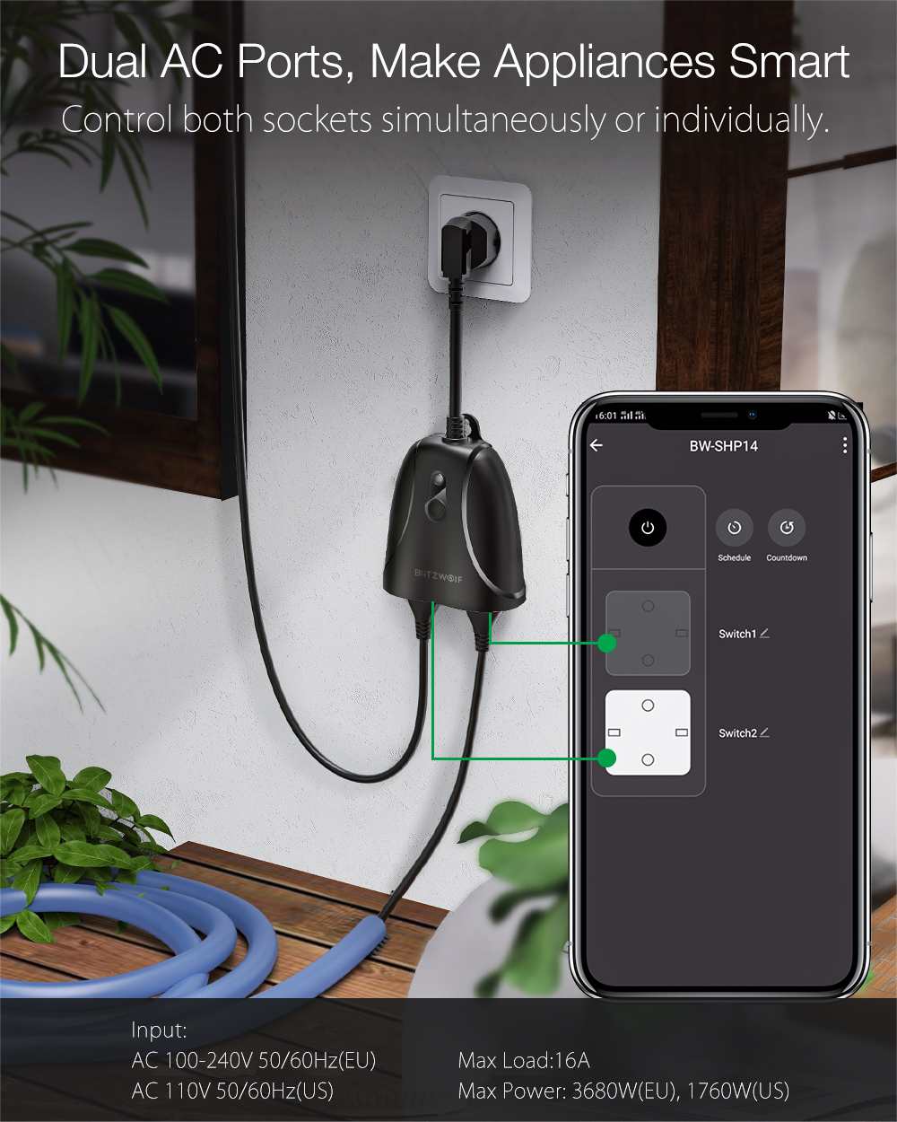 Blitzwolf tomada dupla BW-SHP14 16a, plugue inteligente ip44 wifi 3680w eu/1760w eua, controlador ao ar livre adaptadores de tomada