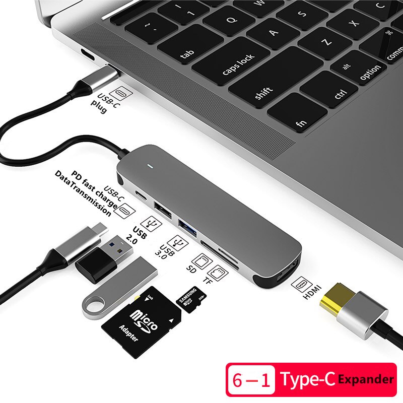 Type-C Multifunction Extender 6-in-1 to HDMI/USB/TF/SD Adapter Type-C HUB Dock for PC Gaming/Video Distribution Connector