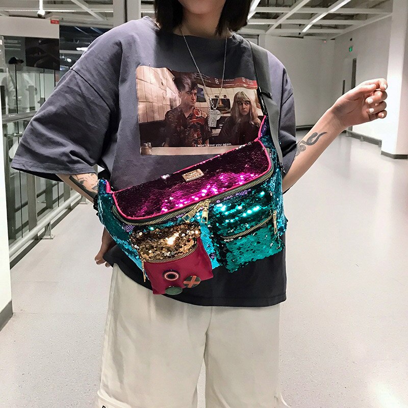 Kleur Pailletten Vrouwen Taille Tas Grote Capaciteit Hip Hop Fanny Pack Meerdere Zakken Riem Zakken Vrouwelijke Schouder Crossbody Borst tas