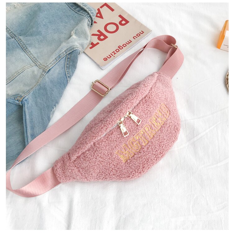 Waist Bags For Women Fur Chest Bags Winter Warm Plush Crossbody Bag Ladies Fanny Pack Faux Fur Chest Purse Casual Belt Pack: Pink waist bag