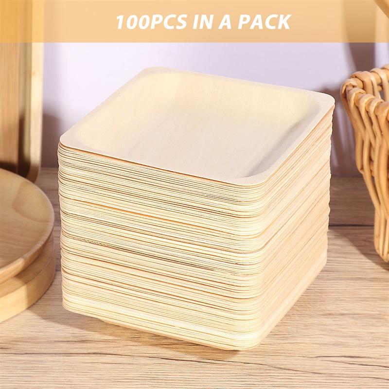 100Pcs Vierkante Wegwerp Houten Plaat Party Borden Servies Voor Bruiloft Restaurant Picknick Verjaardag 140x140mm