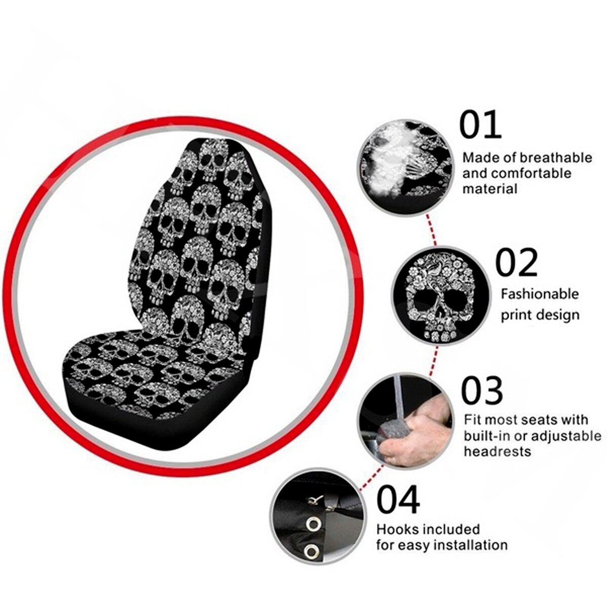 Funda de asiento para coche Protector de tela con estampado de calavera 3D, a la , para la mayoría de los coches, sedán y SUV