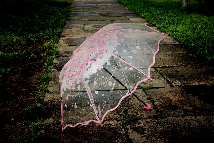 Fortykning gennemsigtig tre gange regn paraply japansk kirsebærblomst plast pvc klar falbala paraplyer kvinder parapluie