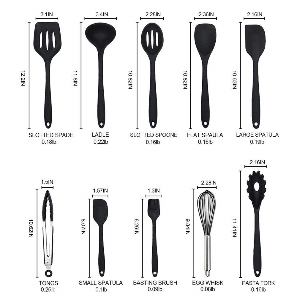 10-Piece Set Of Silicone Kitchen Utensils, Black Non-Stick Cooking Tools And Kitchen Accessories Utensils For Kitchen