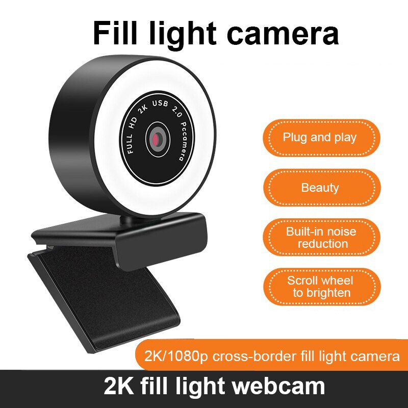 Computer Camera Mini Webcam 1080P 2K Webcam Autofocus Hd Vullen Licht Webcam Met Microfoon Led Ring licht Pc Camera