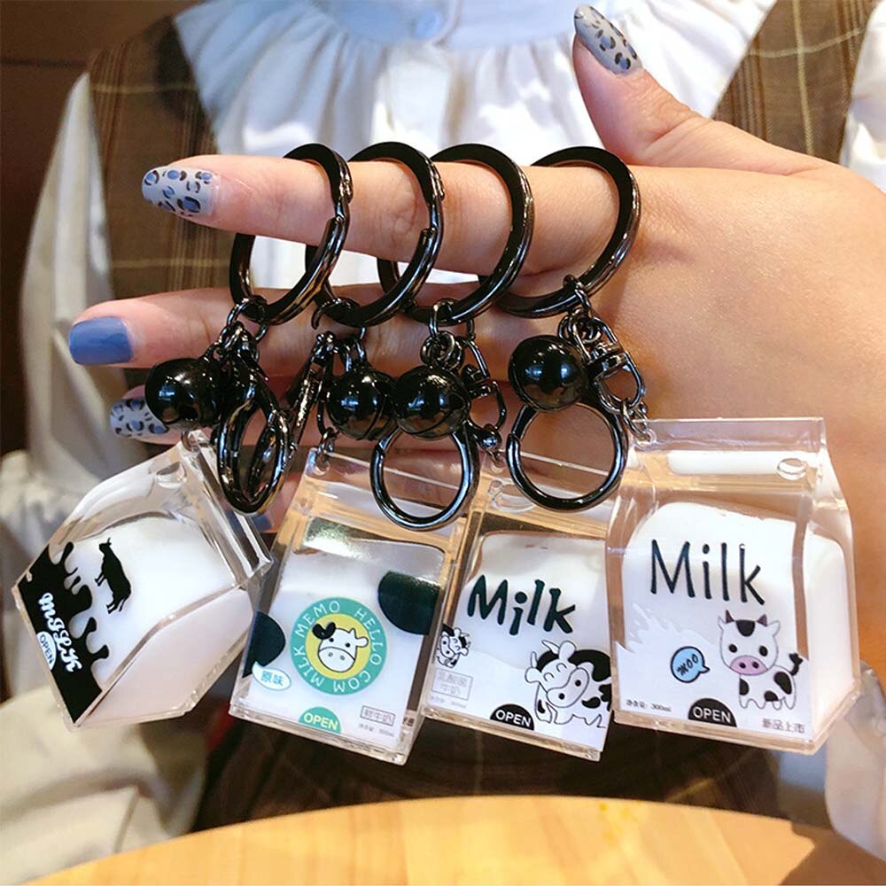 Acrylic Dairy Cow Milk Drinks Keychain Fruit Milk Moving Liquid Keyrings Decompression Drift Bottle Jewelry Kids