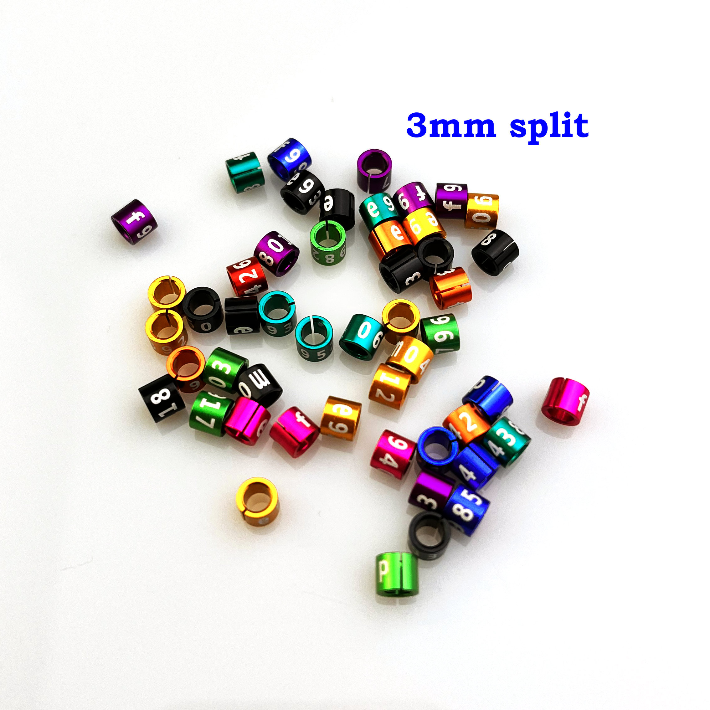 Bandas para patas de pájaro divididas, anillos canarios de 3 mm, no personalizados, caracteres aleatorios, mezcla de colores, aluminio, lote de 25 piezas