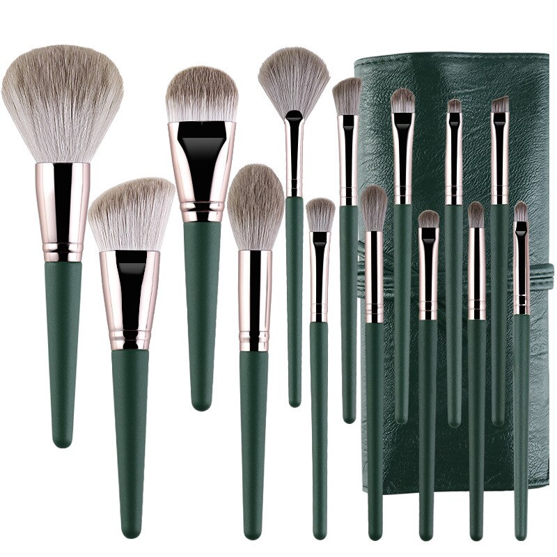 Set van 14 make-upkwasten, foundation met hoge wolvezels, poeder, blush, oogschaduw en lipblend, houten make-upkwastenset: Zwart