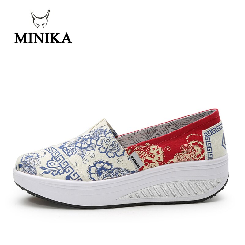 Minika kvinder piger lærred platform sko print slip on swing sko fitness højde stigende toning walking sko