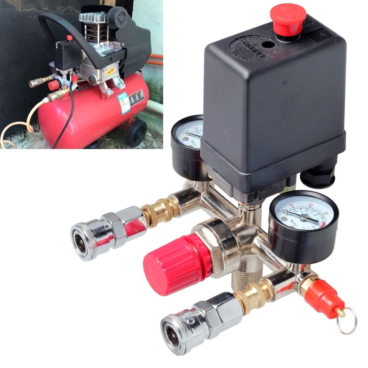 230V Dubbele Outlet Buis Legering Luchtcompressor Schakelaar Drukregelaar Valve Fitting Onderdelen Luchtcompressor Buis Met Gauge
