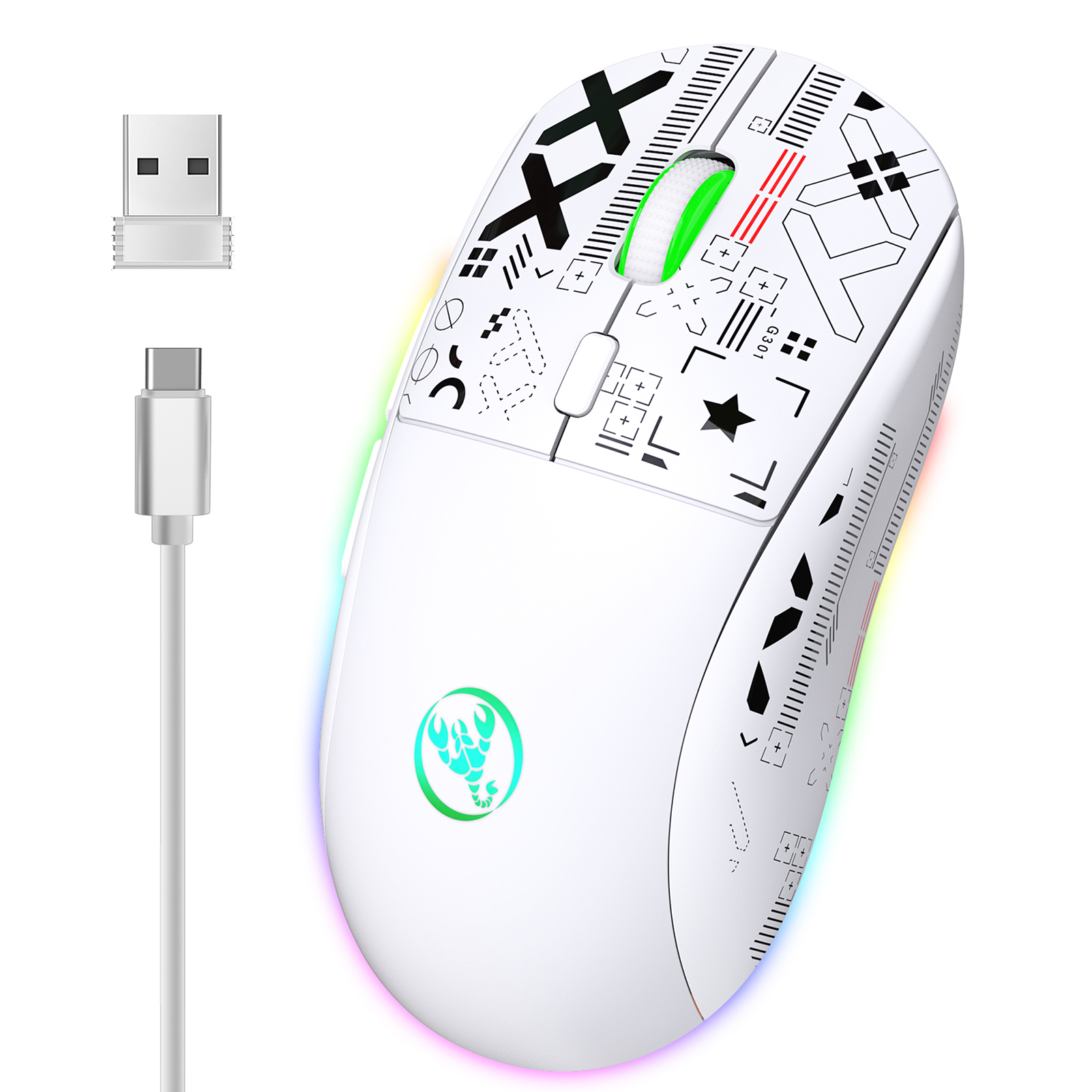 hxsj T90 2,4 G kabellose mechanische Maus RGB-Gaming-Maus Ergonomische 10 Millionen Tastenhub 3600 DPI Maus 11 RGB-Beleuchtungsmodi Mäuse: WHITE