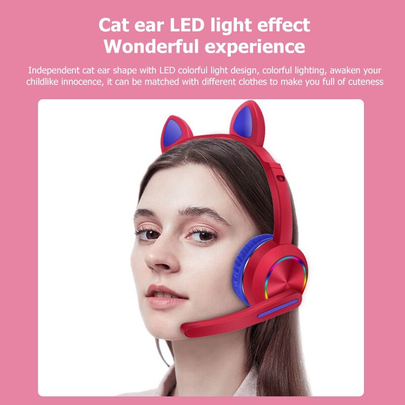 Cute Cat Bluetooth 5.0 Headphones - RGB LED Lights - Microphone - Stereo Bass Music Headset
