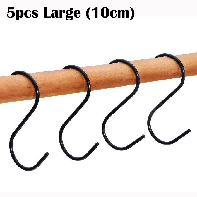10pcs Stainless Steel S-Shape Hooks Kitchen Bedroom Black Silver Railing S Hanger Hook Clasp Holder Hooks Hanging Storage Tools: 5pcs Black (L)