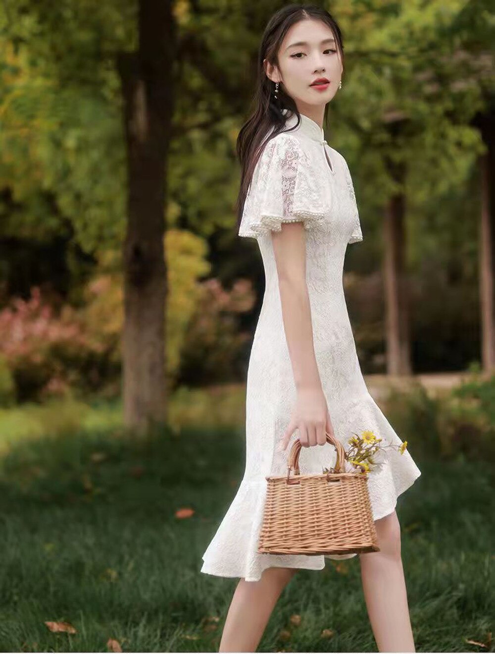 Qipao-vestido blanco de encaje con mangas abullonadas para mujer, ropa tradicional China moderna, Cheongsam Vintage mejorado para , 2022
