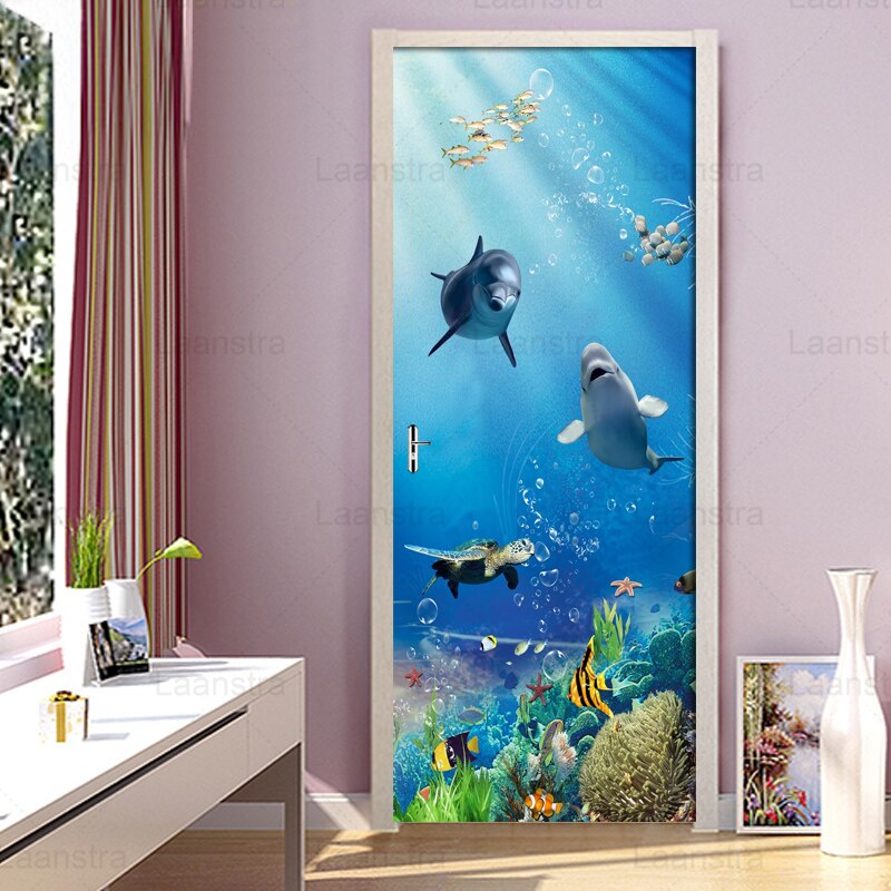 Removable Door Stickers Underwater World Marine Fish Mural Living Room Bedroom Door Decor Wallpaper DIY Self Adhesive Wall Decal
