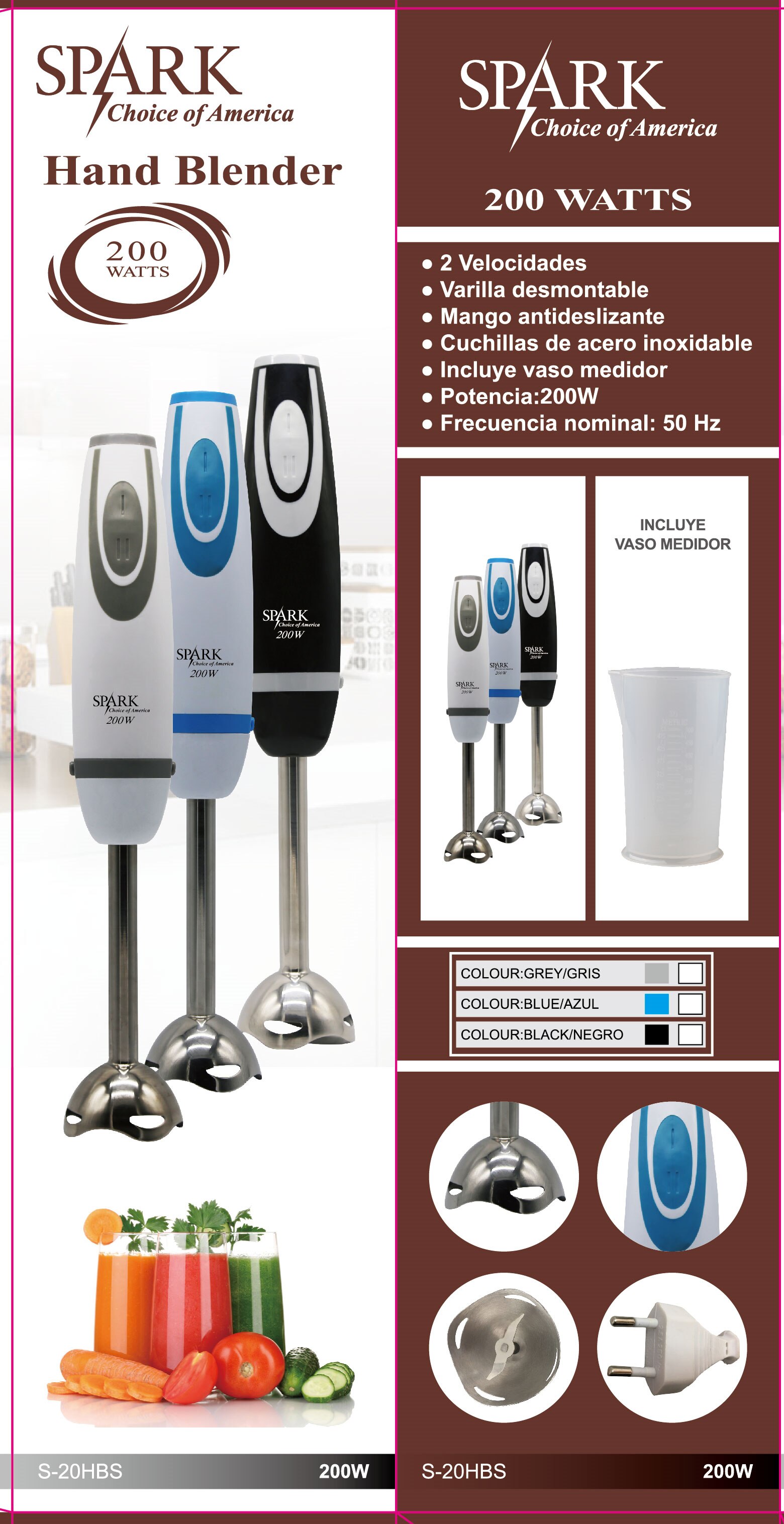 SPARK - Batidora de Mano Eléctrica 200W Varilla de Acero Inoxidable, Cuchilas Acero Inoxidable Incluye Vaso Medidor de Plástico
