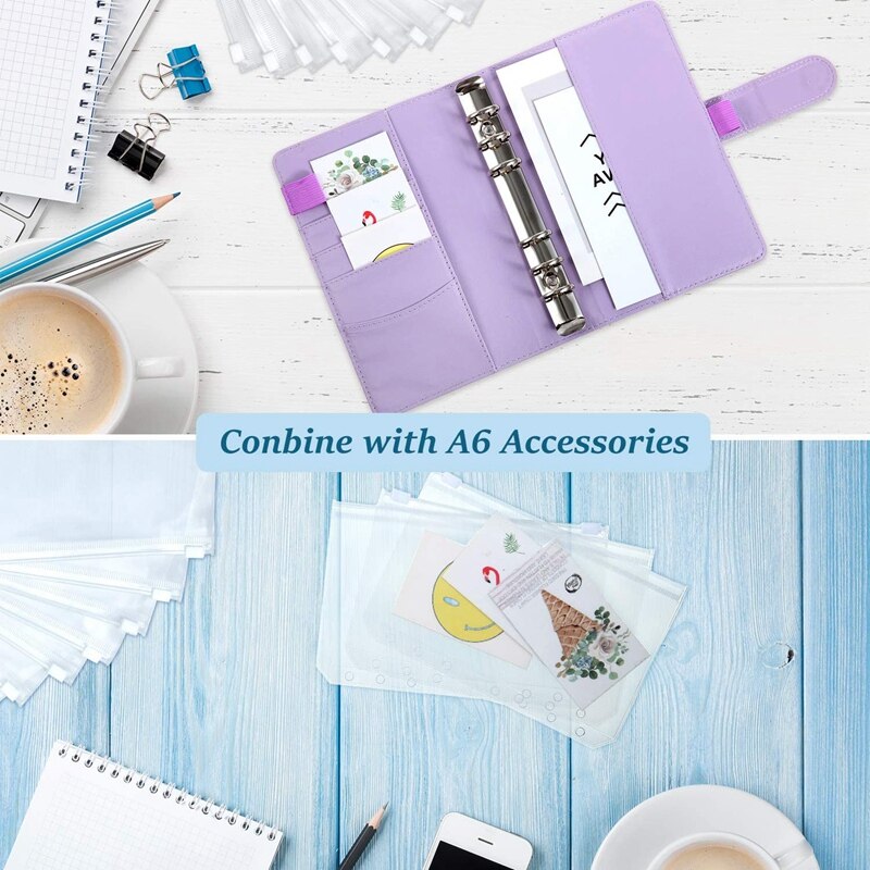 PU Leather Notebook Binder for Filler Paper Magnetic Personal Planner Binder with 12 Pcs Binder Zipper Folder(Purple,A6)