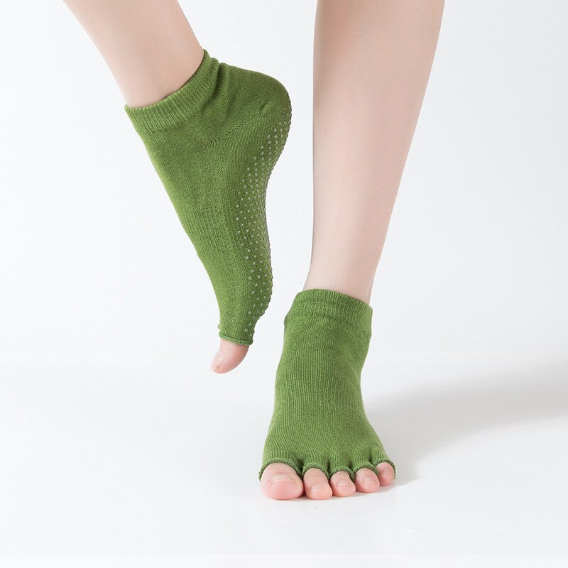 Damen-yogasocken, rutschfest, fünf zehen, offen, silikon, rutschfest, 5 zehen, ballettsocken, fitnessstudio, fitness, sport, bequeme baumwollsocken: Armeegrün