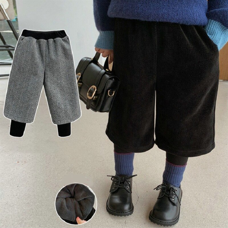 Spodnie dziecięce fałszywe dwuczęściowe wełniane oraz aksamitne grube spodnie 2020 zimowe ubrania nowe modne ubrania Gilrs w stylu brytyjskim