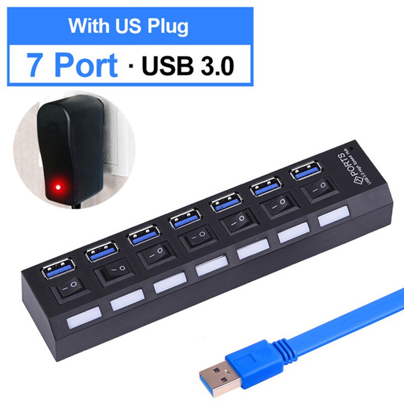 USB HUB 3.0 2.0 Multi 4 7 USB Port Switch With Power Adapter Computer PC Laptop Notebook Accessories Splitter Usb Multiple Hab: 3.0 7 Port with US