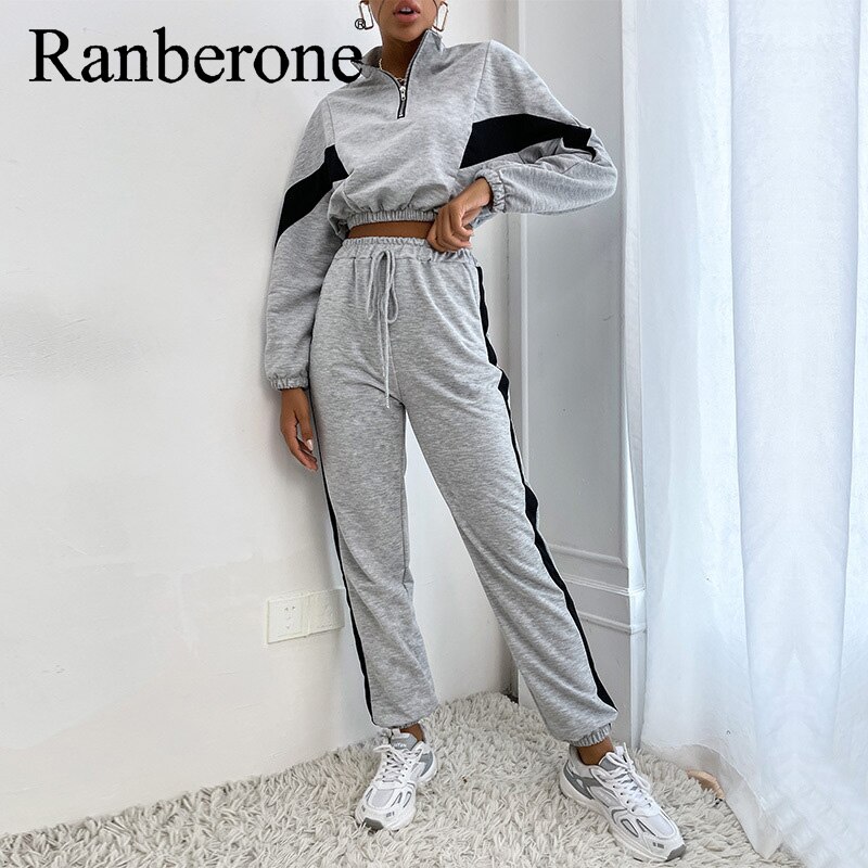 Ranberone Women&#39;s Loose Sports Casual Natching Long-Sleeved Sweater Fitness Suit Tracksuit Grey jogging Suit Sets Lady